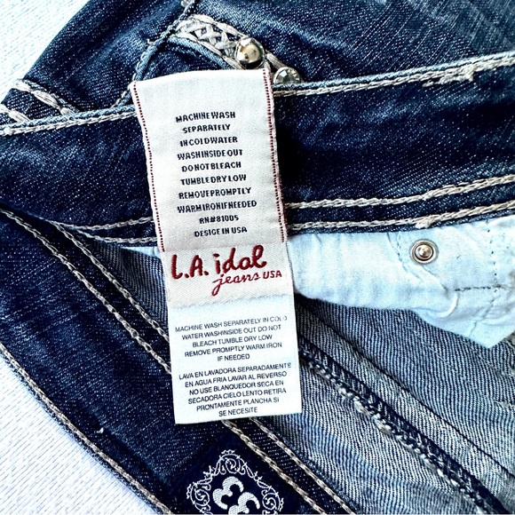 LA IDOL Y2K BOOTCUT BLING FLAP POCKET DISTRESSED RODEO FESTIVAL JEANS Sz11 33/34 - Picture 6 of 12